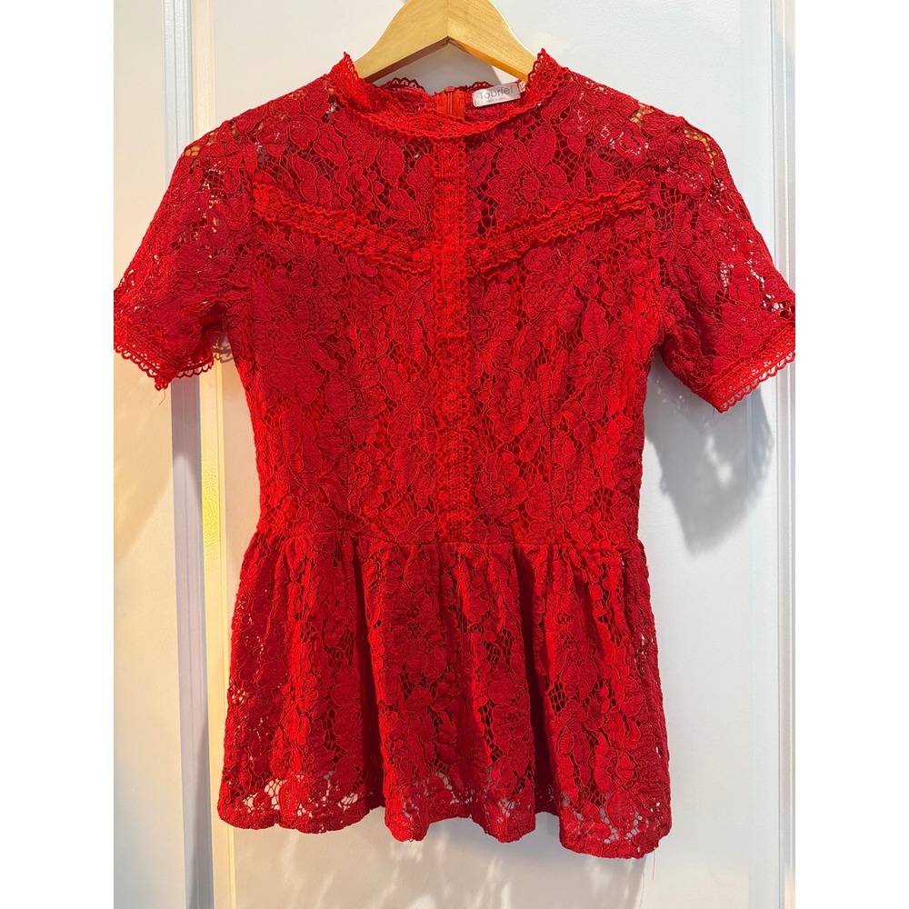 Tobrief Red Floral Lace Peplum Top High Neck Short Sleeve Blouse XS